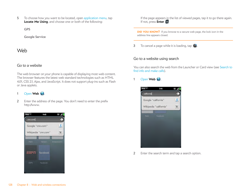 Go to a website, Go to a website using search | Palm Pre P100EWW User Manual | Page 128 / 204