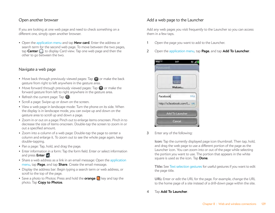 Open another browser | Palm Pre P100EWW User Manual | Page 129 / 204