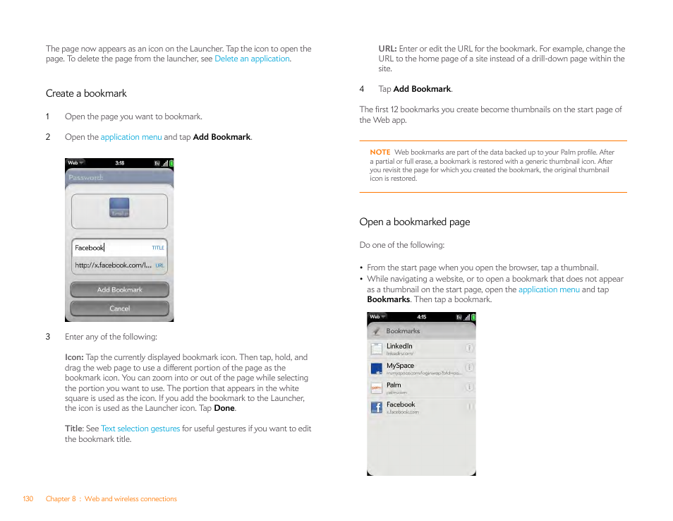 Create a bookmark | Palm Pre P100EWW User Manual | Page 130 / 204