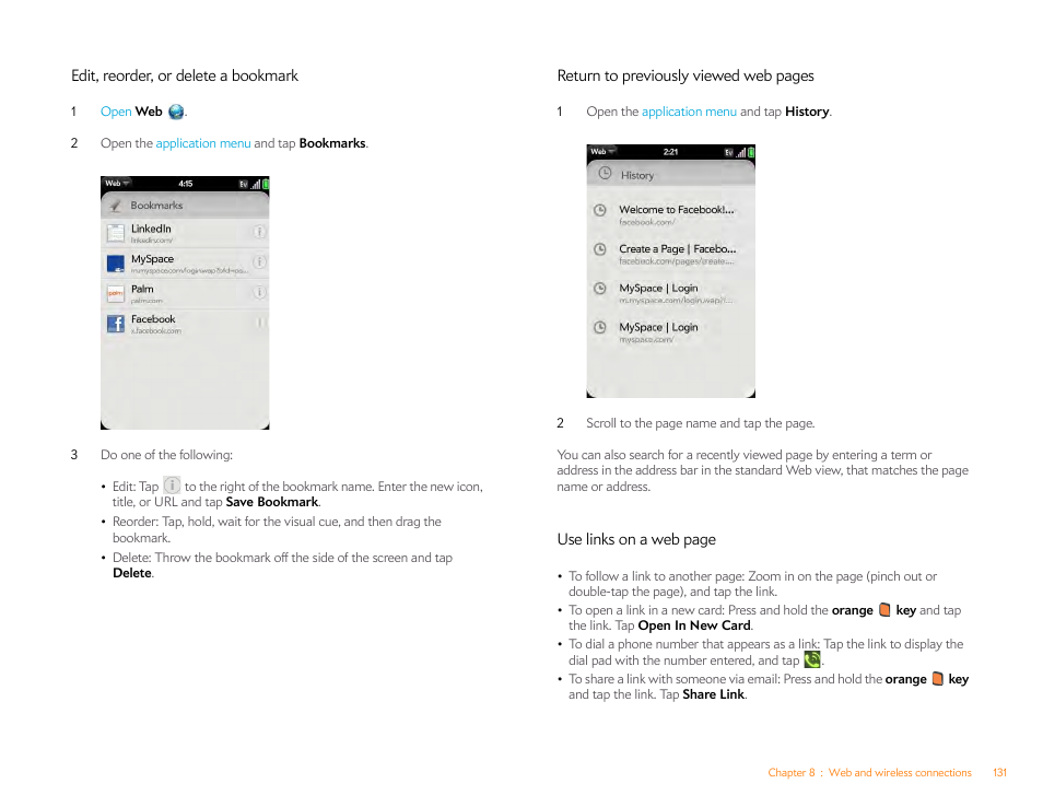 Edit, reorder, or delete a bookmark | Palm Pre P100EWW User Manual | Page 131 / 204