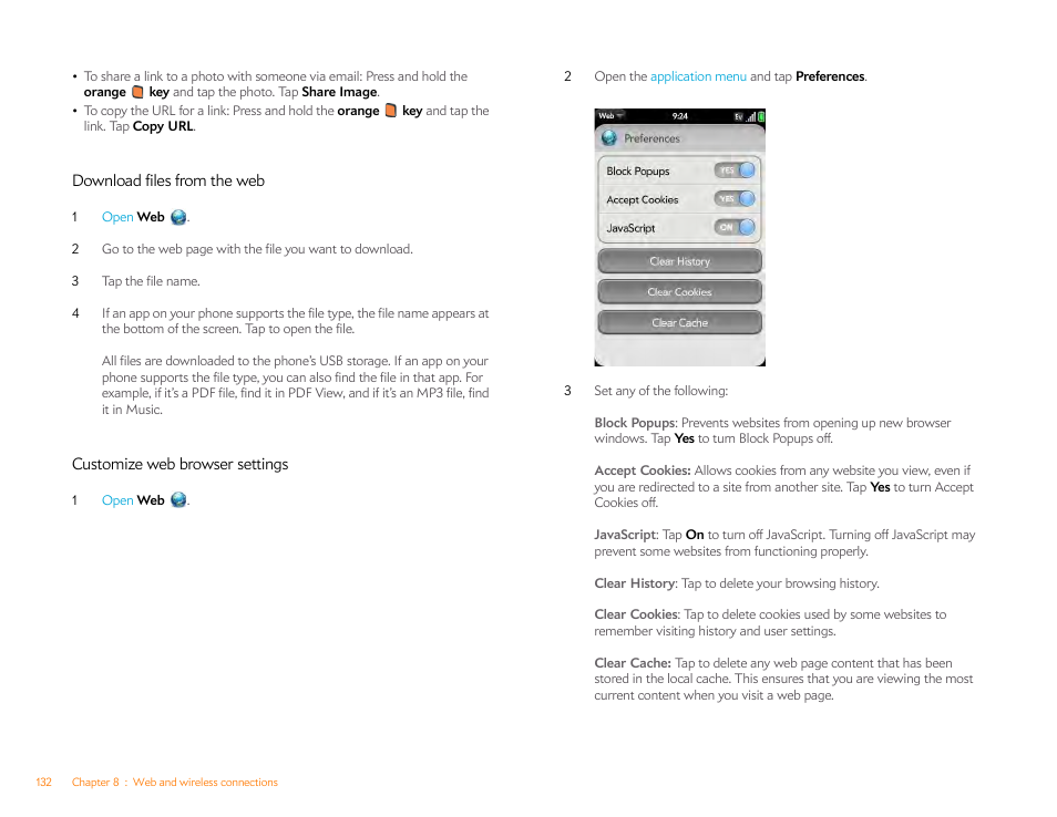 Download files from the web, Customize web browser settings | Palm Pre P100EWW User Manual | Page 132 / 204