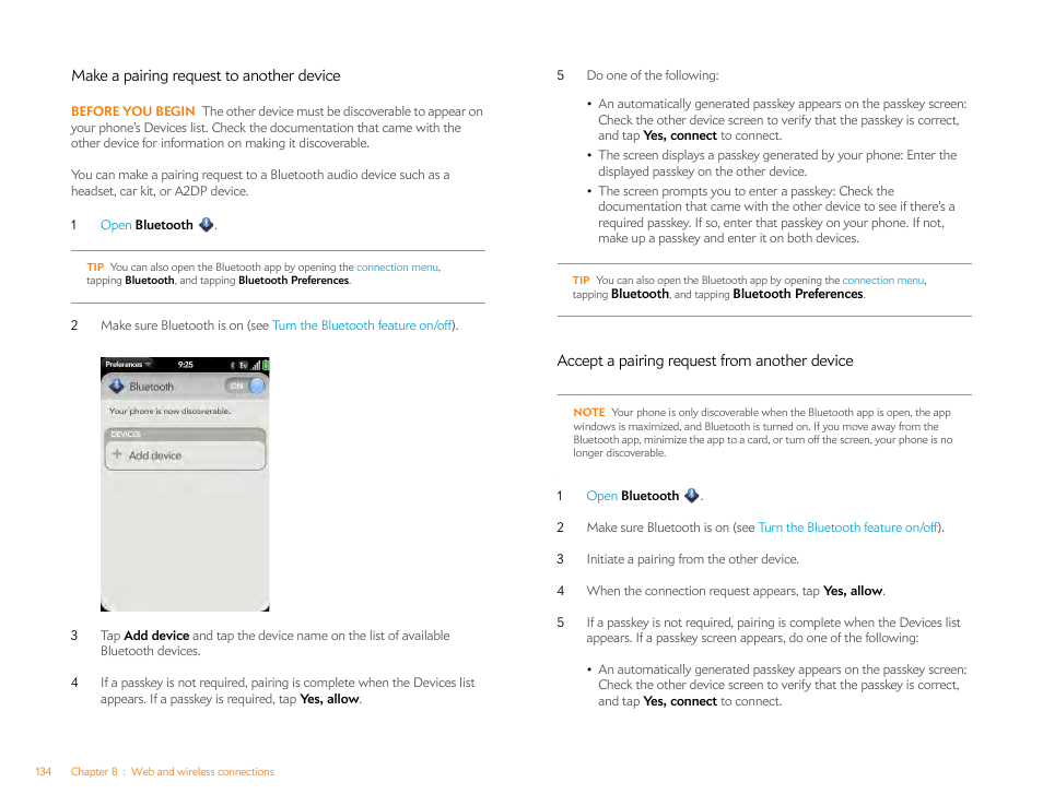 Make a pairing request to another device, Accept a pairing request from another device | Palm Pre P100EWW User Manual | Page 134 / 204