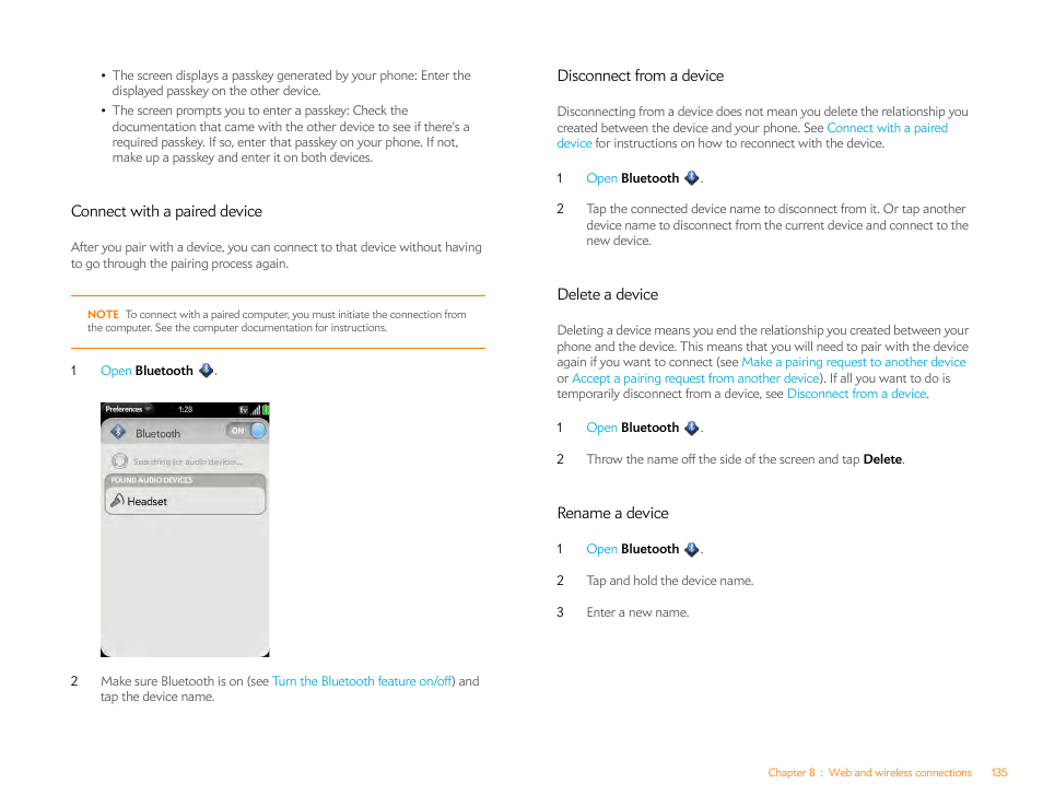 Connect with a paired device, Disconnect from a device, Delete a device | Rename a device | Palm Pre P100EWW User Manual | Page 135 / 204