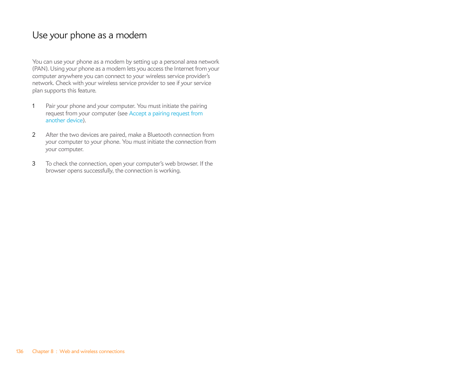 Use your phone as a modem, Use your, Phone as a modem | Palm Pre P100EWW User Manual | Page 136 / 204