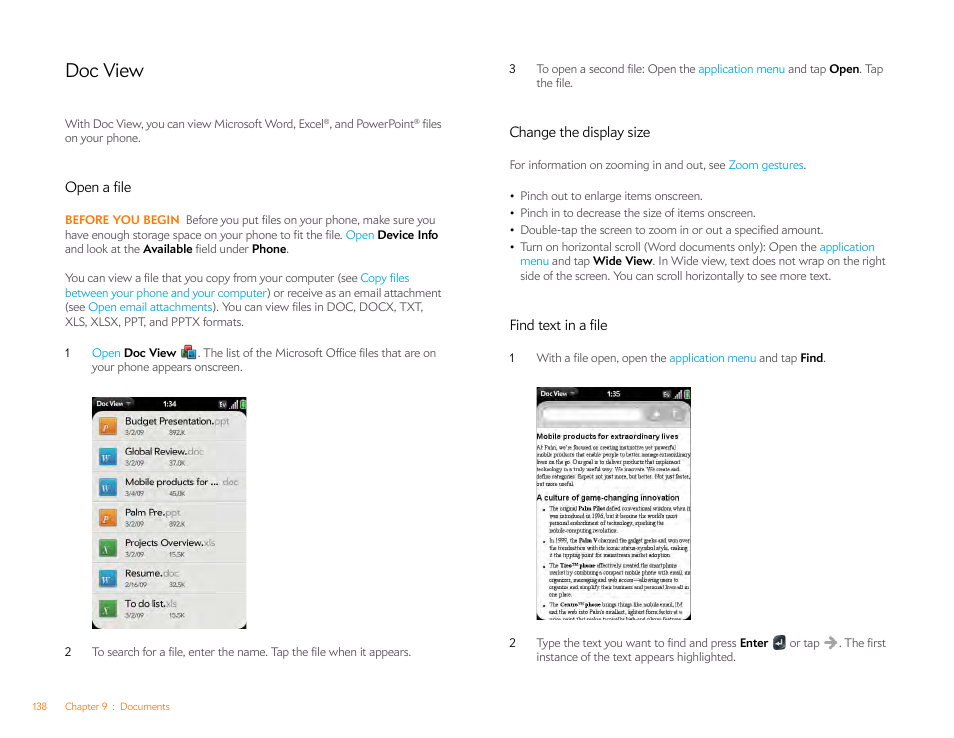 Doc view, Open a file, Change the display size | Find text in a file | Palm Pre P100EWW User Manual | Page 138 / 204