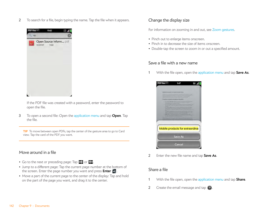 Move around in a file, Change the display size, Save a file with a new name | Share a file | Palm Pre P100EWW User Manual | Page 142 / 204