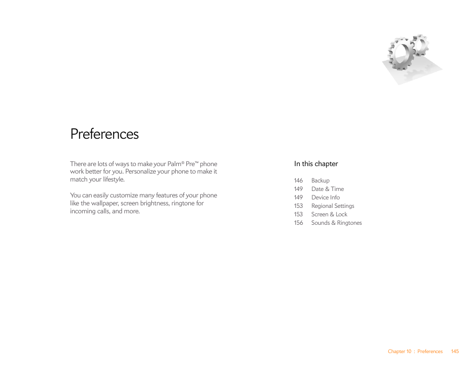 Preferences, Chapter 10 | Palm Pre P100EWW User Manual | Page 145 / 204