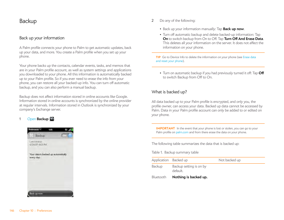 Backup, Back up your information, What is backed up | Palm Pre P100EWW User Manual | Page 146 / 204