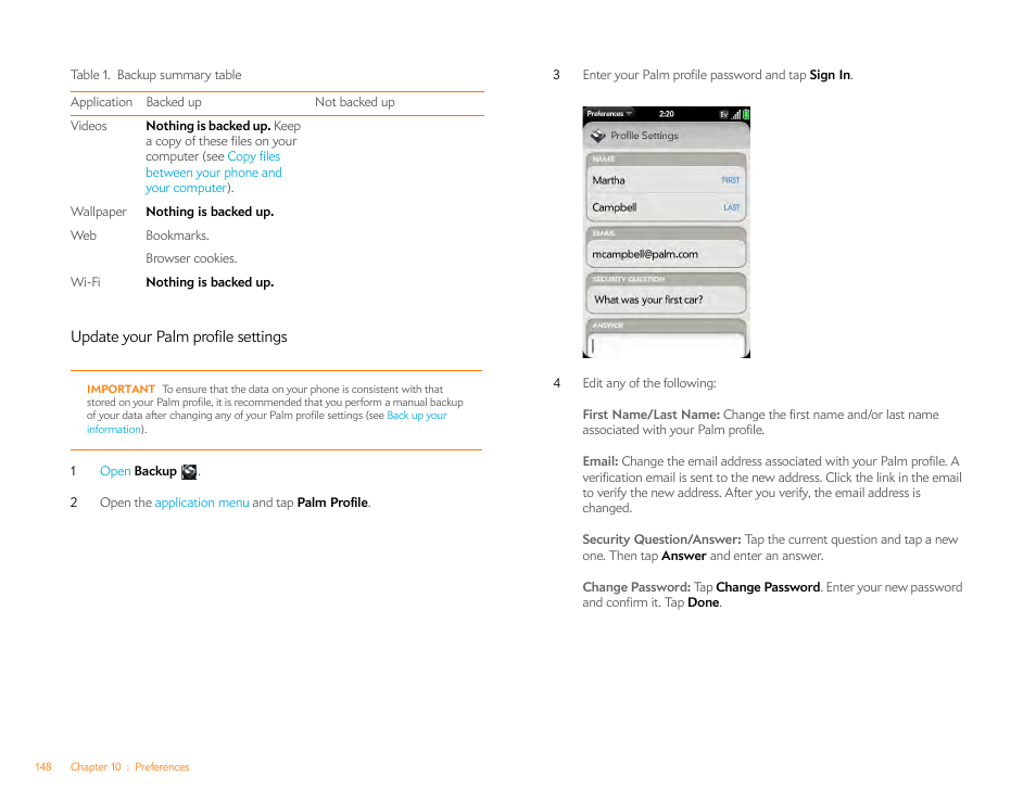 Update your palm profile settings | Palm Pre P100EWW User Manual | Page 148 / 204