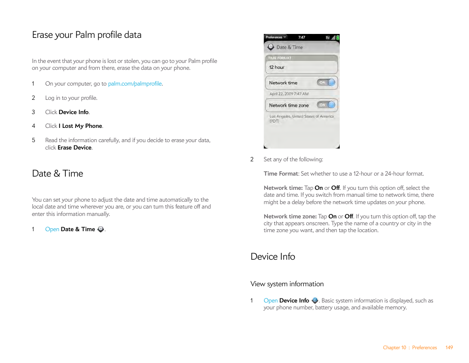 Erase your palm profile data, Date & time, Device info | View system information | Palm Pre P100EWW User Manual | Page 149 / 204