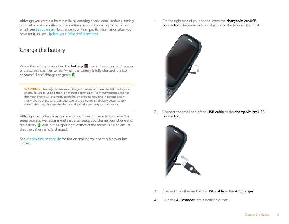 Charge the battery | Palm Pre P100EWW User Manual | Page 15 / 204