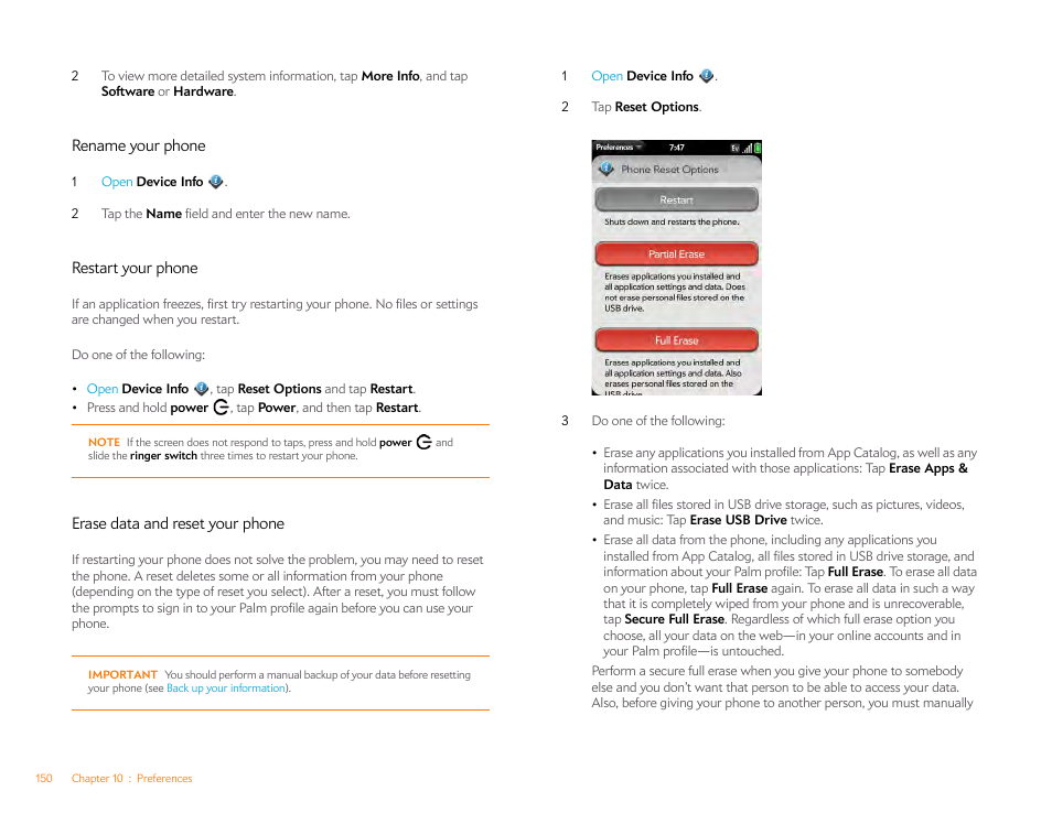 Rename your phone, Restart your phone, Erase data and reset your phone | Erase data and reset, Your phone, Erase data, And reset your phone | Palm Pre P100EWW User Manual | Page 150 / 204