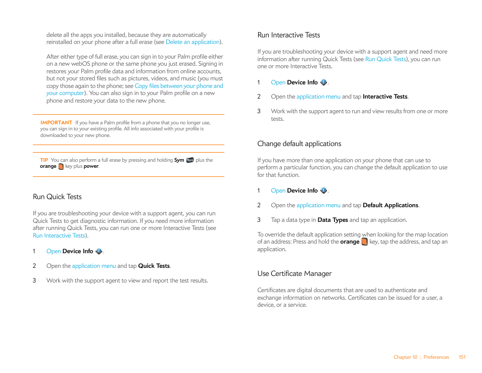 Run quick tests, Run interactive tests, Change default applications | Use certificate manager | Palm Pre P100EWW User Manual | Page 151 / 204