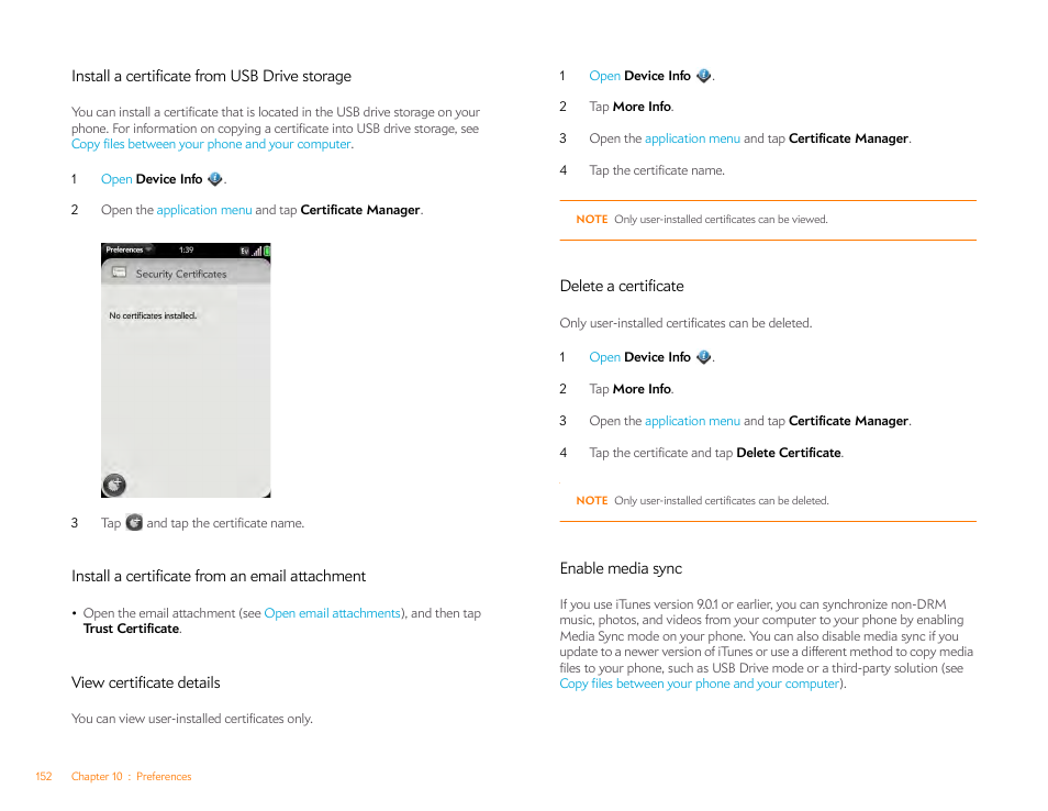 Install a certificate from usb drive storage, Install a certificate from an email attachment, View certificate details | Delete a certificate, Enable media sync | Palm Pre P100EWW User Manual | Page 152 / 204