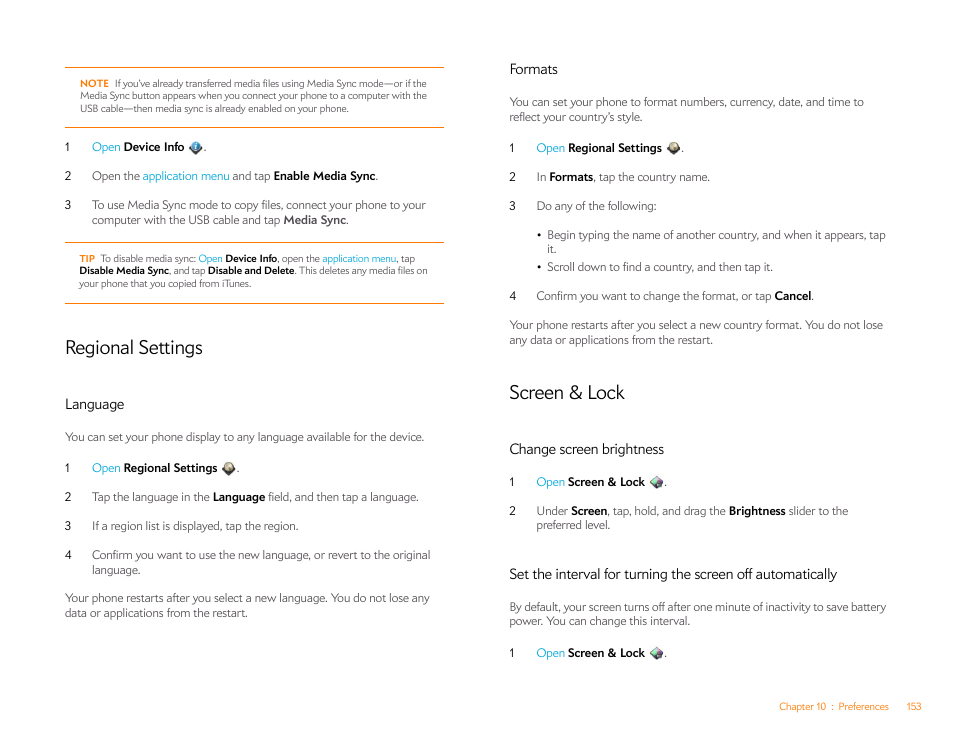 Regional settings, Language, Formats | Screen & lock, Change screen brightness | Palm Pre P100EWW User Manual | Page 153 / 204