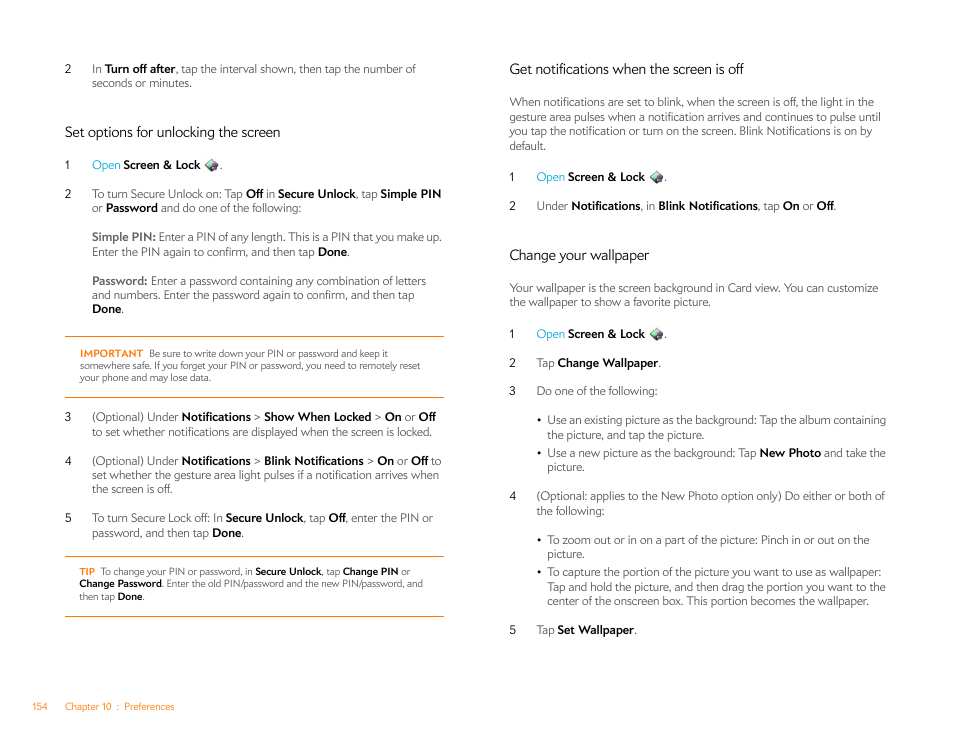 Set options for unlocking the screen, Get notifications when the screen is off, Change your wallpaper | Palm Pre P100EWW User Manual | Page 154 / 204