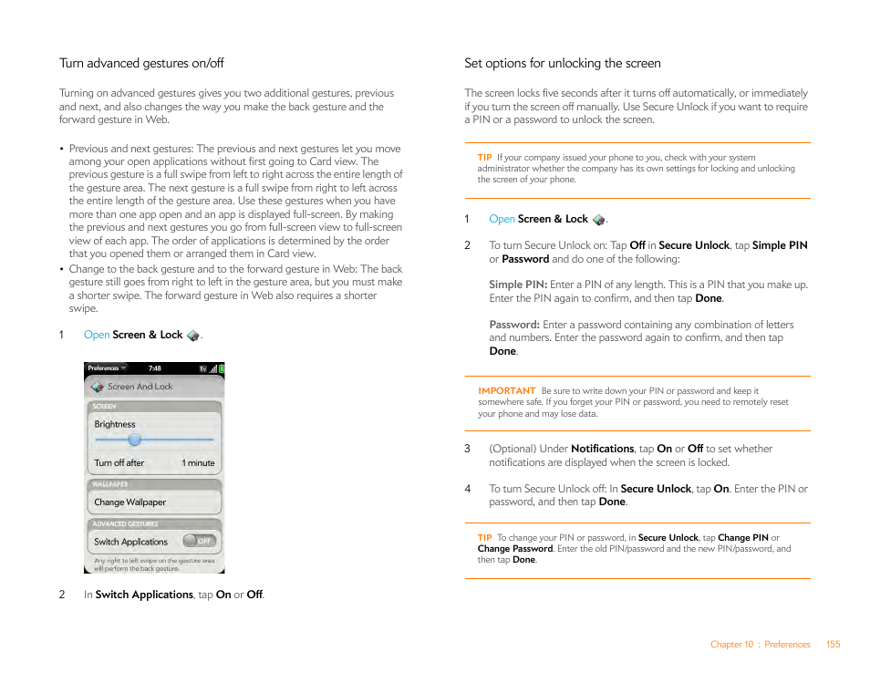 Turn advanced gestures on/off, Set options for unlocking the screen | Palm Pre P100EWW User Manual | Page 155 / 204