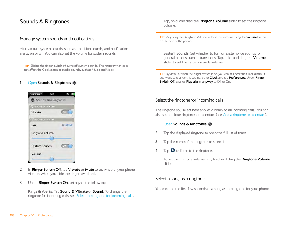 Sounds & ringtones, Manage system sounds and notifications, Select the ringtone for incoming calls | Select a song as a ringtone, Select the ringtone for, Incoming calls, Manage system sounds, And notifications, Manage system, Sounds and notifications | Palm Pre P100EWW User Manual | Page 156 / 204