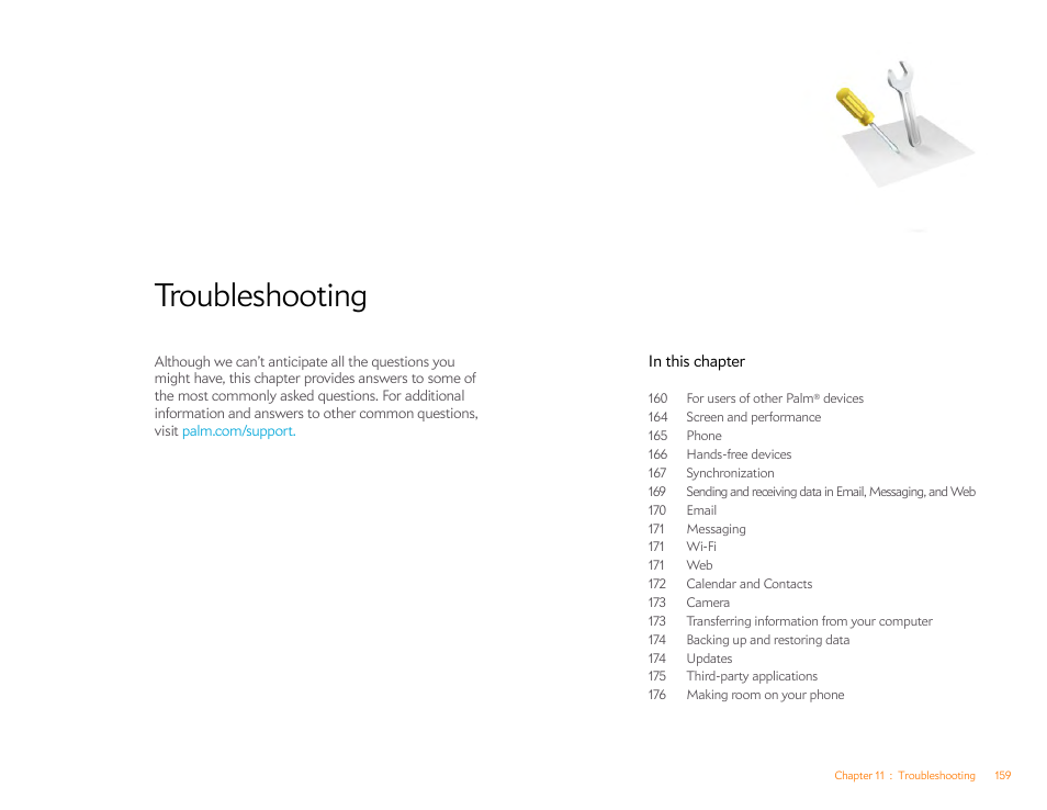 Troubleshooting, Chapter 11 | Palm Pre P100EWW User Manual | Page 159 / 204