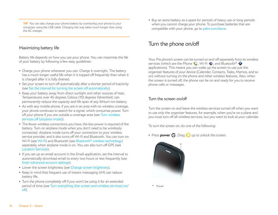 Maximizing battery life, Turn the phone on/off, Turn the screen on/off | Palm Pre P100EWW User Manual | Page 16 / 204