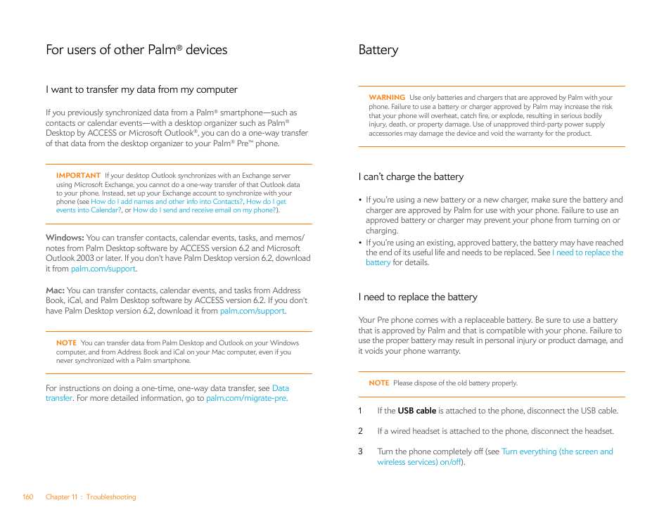 For users of other palm® devices, I want to transfer my data from my computer, Battery | I can’t charge the battery, I need to replace the battery, For users of other palm, Devices | Palm Pre P100EWW User Manual | Page 160 / 204