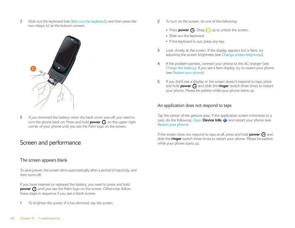 Screen and performance, The screen appears blank, An application does not respond to taps | Palm Pre P100EWW User Manual | Page 164 / 204