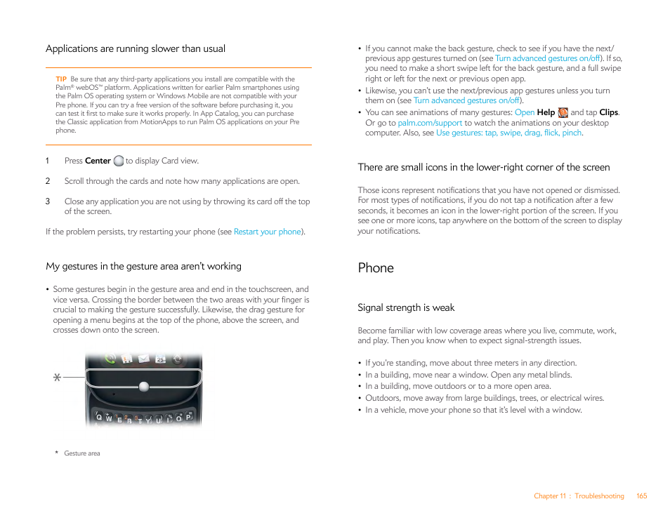 Applications are running slower than usual, My gestures in the gesture area aren’t working, Phone | Signal strength is weak | Palm Pre P100EWW User Manual | Page 165 / 204