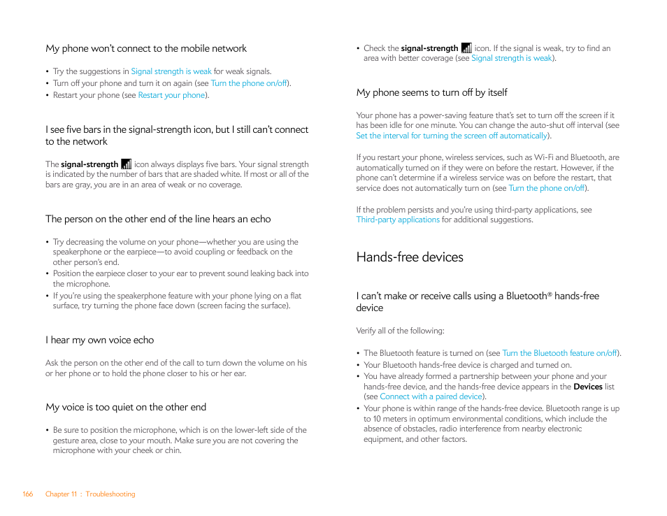 My phone won’t connect to the mobile network, I hear my own voice echo, My voice is too quiet on the other end | My phone seems to turn off by itself, Hands-free devices | Palm Pre P100EWW User Manual | Page 166 / 204