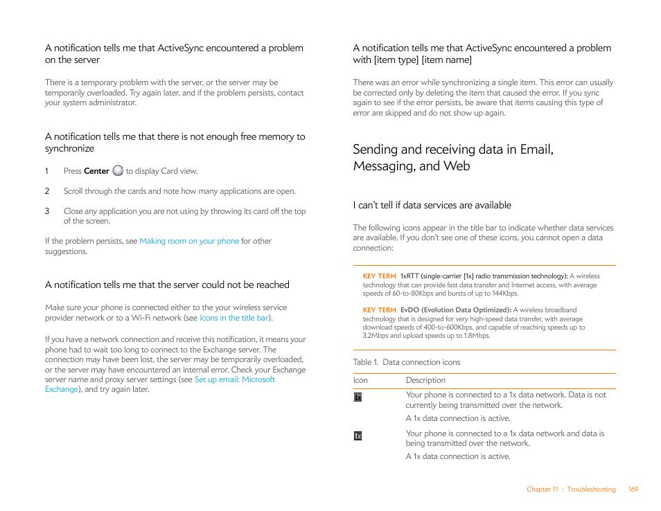 I can’t tell if data services are available, Ently being transmitted over the networ, I can’t tell | If data services are available, Ansmitted over the network, I can’t, Tell if data services are available | Palm Pre P100EWW User Manual | Page 169 / 204