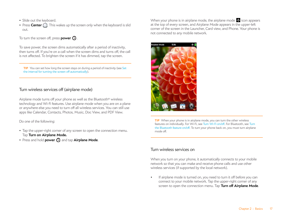 Turn wireless services off (airplane mode), Turn wireless services on, Turn wireless | Services off (airplane mode) | Palm Pre P100EWW User Manual | Page 17 / 204