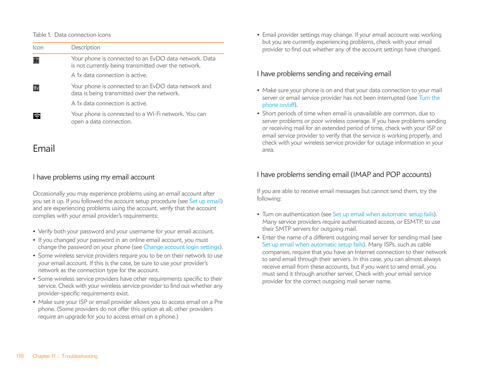 Email, I have problems using my email account, I have problems sending and receiving email | Palm Pre P100EWW User Manual | Page 170 / 204