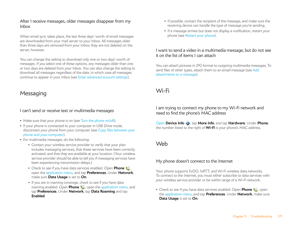 Messaging, Wi-fi, My phone doesn’t connect to the internet | Palm Pre P100EWW User Manual | Page 171 / 204