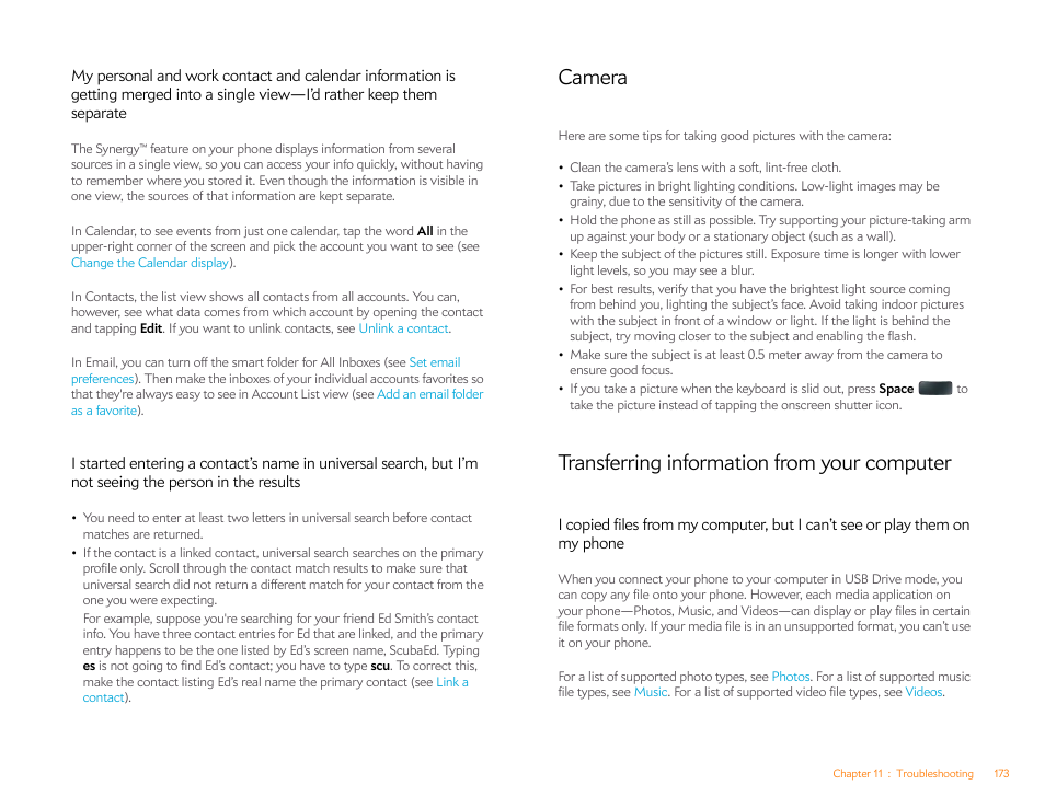 Camera, Transferring information from your computer | Palm Pre P100EWW User Manual | Page 173 / 204