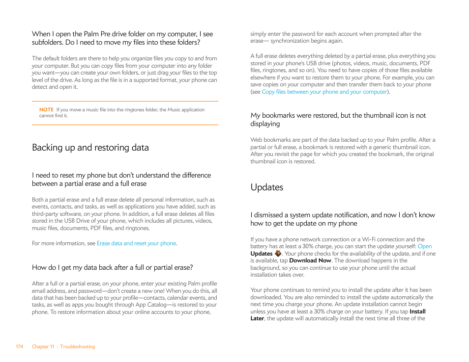 Backing up and restoring data, Updates | Palm Pre P100EWW User Manual | Page 174 / 204