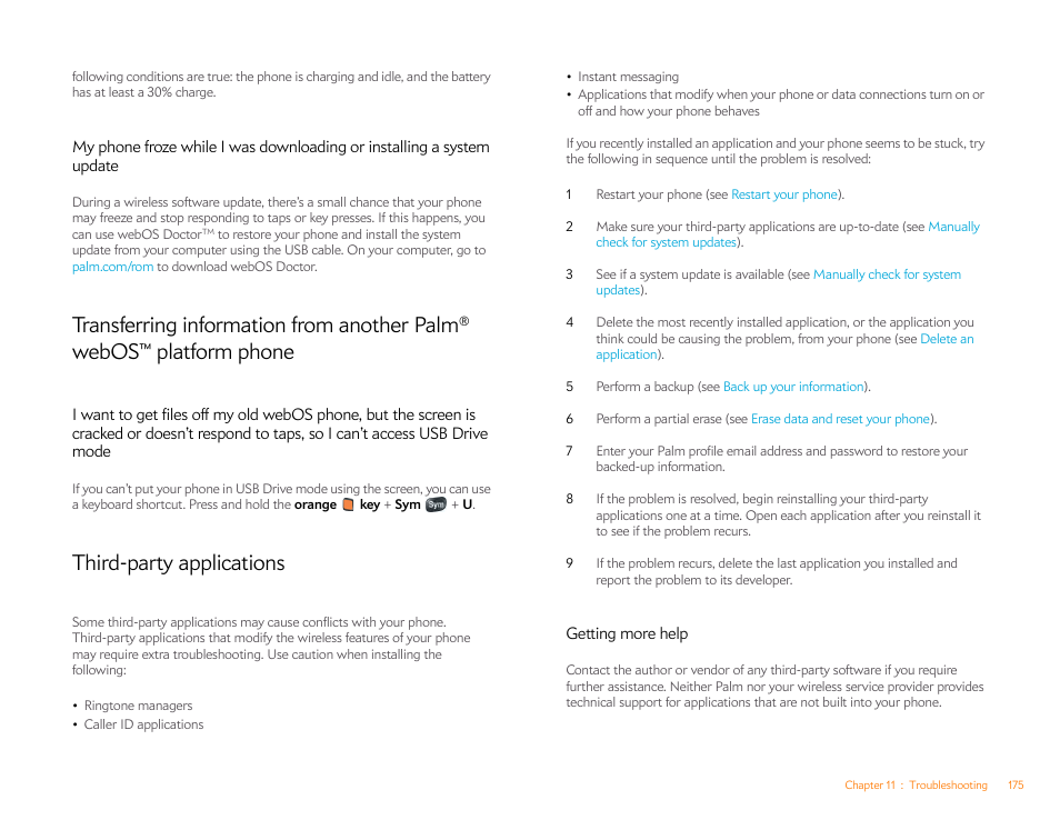 Third-party applications, Getting more help, Transferring information from another palm | Webos™ platform phone | Palm Pre P100EWW User Manual | Page 175 / 204