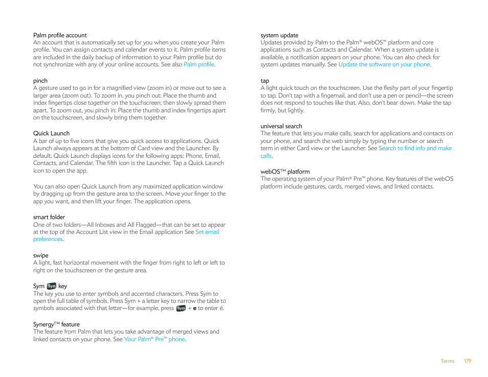 Universal search, Quick launch | Palm Pre P100EWW User Manual | Page 179 / 204