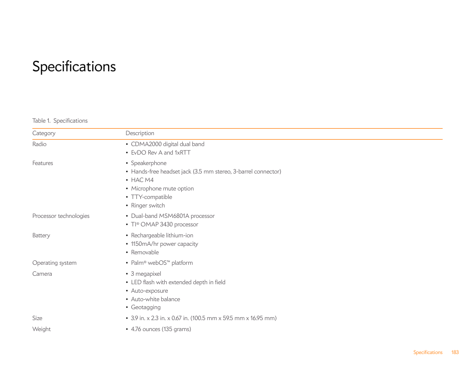 Specifications | Palm Pre P100EWW User Manual | Page 183 / 204