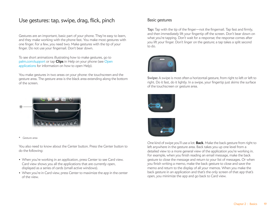Use gestures: tap, swipe, drag, flick, pinch, Basic gestures, Use gestures: tap | Swipe, drag, flick, pinch | Palm Pre P100EWW User Manual | Page 19 / 204