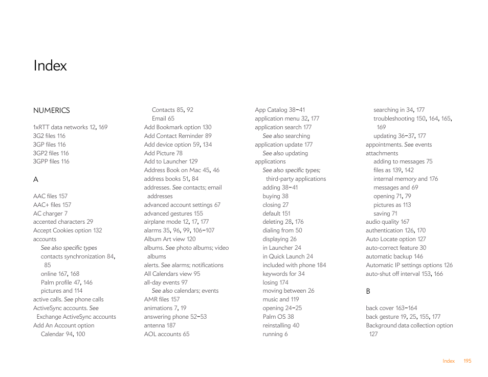 Index, Numerics | Palm Pre P100EWW User Manual | Page 195 / 204