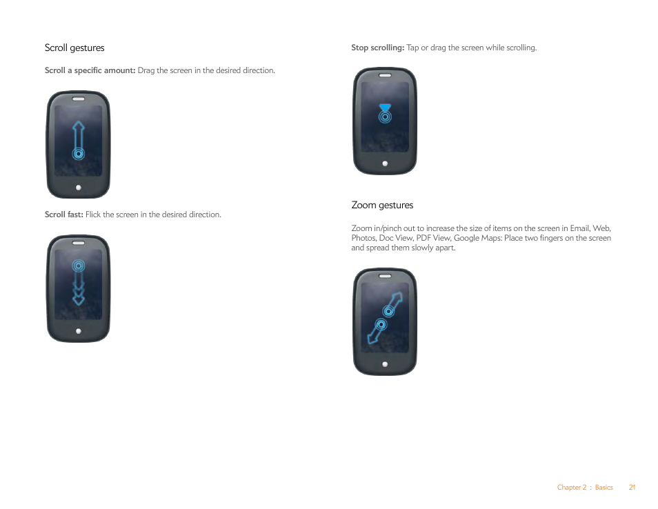 Scroll gestures, Zoom gestures | Palm Pre P100EWW User Manual | Page 21 / 204