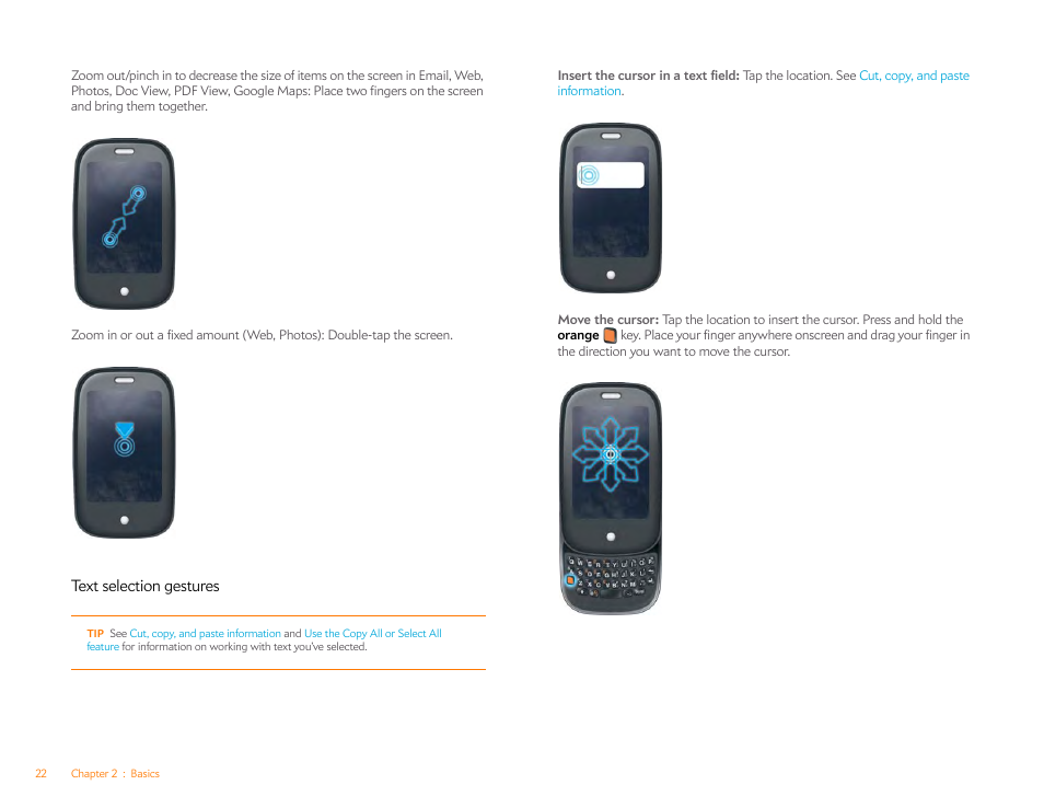 Text selection gestures, Text, Selection gestures | Palm Pre P100EWW User Manual | Page 22 / 204