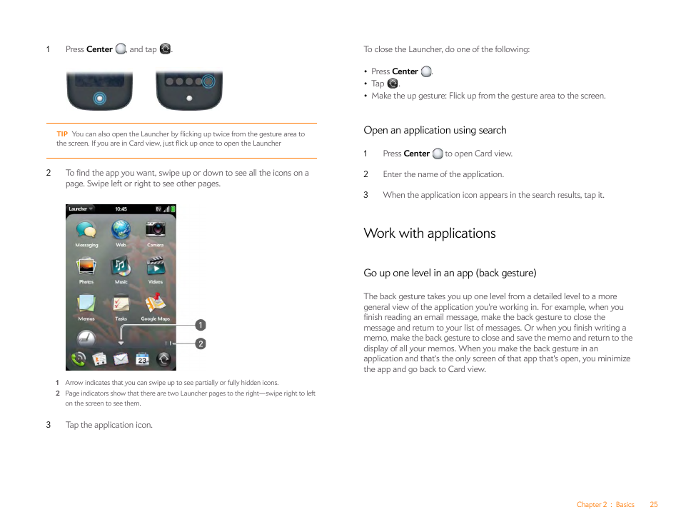 Open an application using search, Work with applications, Go up one level in an app (back gesture) | Palm Pre P100EWW User Manual | Page 25 / 204