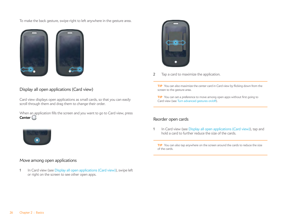 Display all open applications (card view), Move among open applications, Reorder open cards | Palm Pre P100EWW User Manual | Page 26 / 204