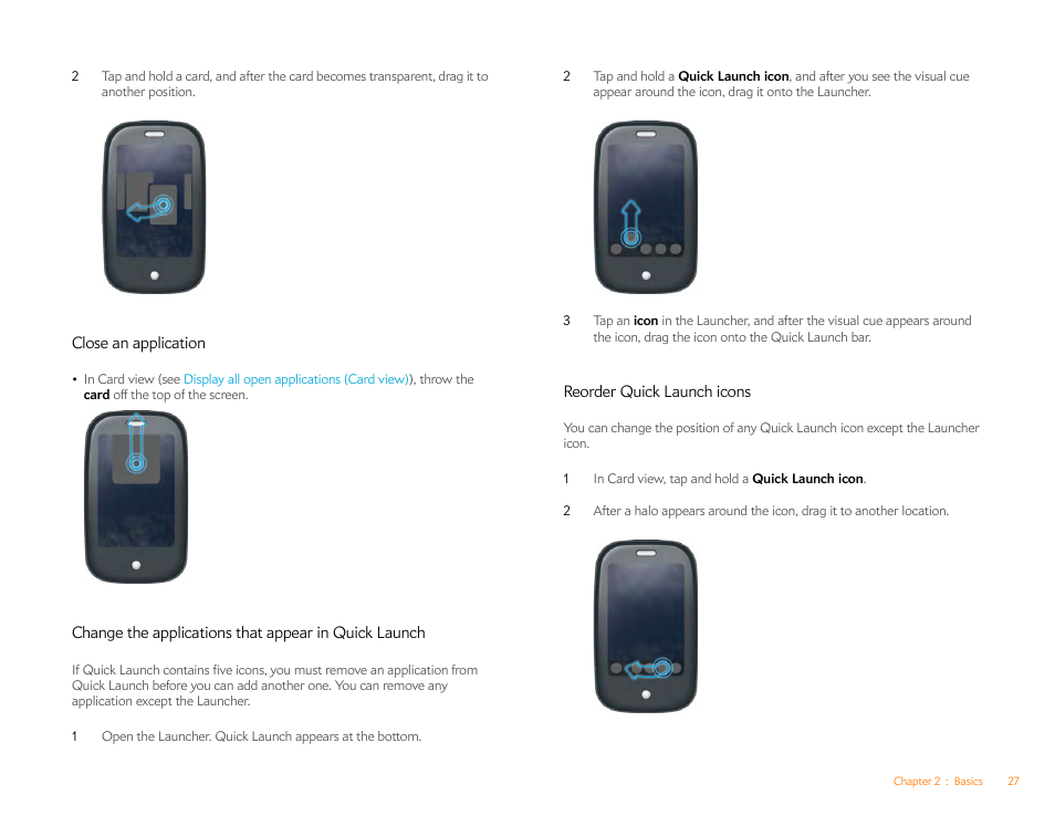 Close an application, Reorder quick launch icons | Palm Pre P100EWW User Manual | Page 27 / 204