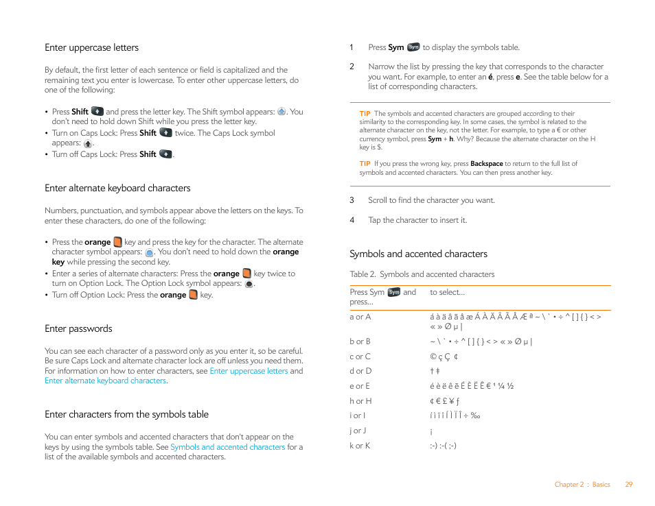 Enter uppercase letters, Enter alternate keyboard characters, Enter passwords | Enter characters from the symbols table, Symbols and accented characters | Palm Pre P100EWW User Manual | Page 29 / 204