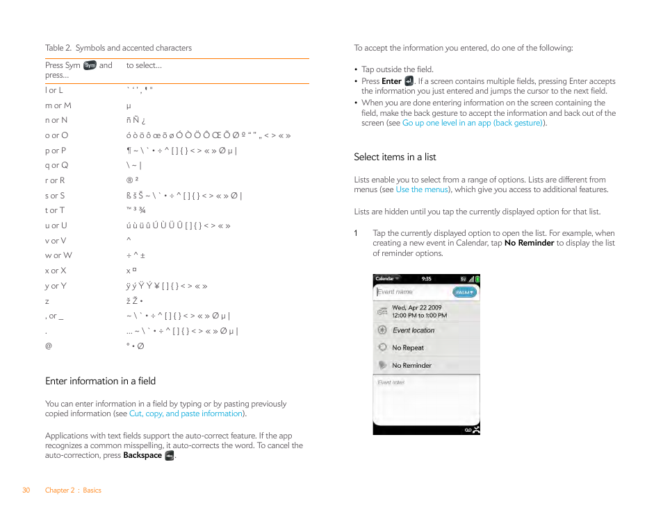 Enter information in a field, Select items in a list | Palm Pre P100EWW User Manual | Page 30 / 204