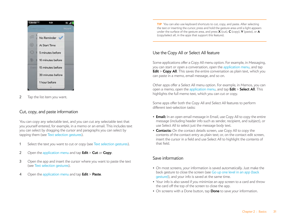 Cut, copy, and paste information, Use the copy all or select all feature, Save information | Cut, copy, and paste, Information, Use the copy all or select all, Feature | Palm Pre P100EWW User Manual | Page 31 / 204