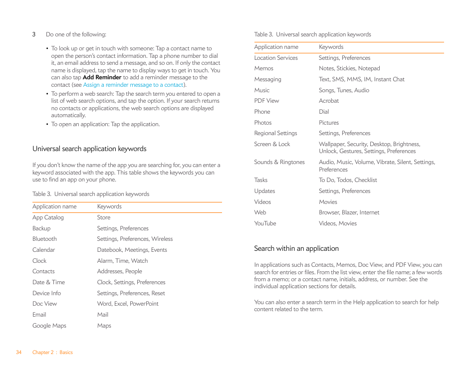 Universal search application keywords, Search within an application, Universal search | Application keywords, As y, Universal search application, Keywords | Palm Pre P100EWW User Manual | Page 34 / 204