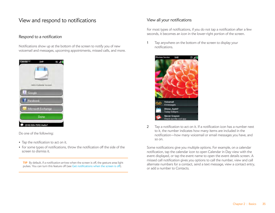 View and respond to notifications, Respond to a notification, View all your notifications | View and respond, To notifications | Palm Pre P100EWW User Manual | Page 35 / 204