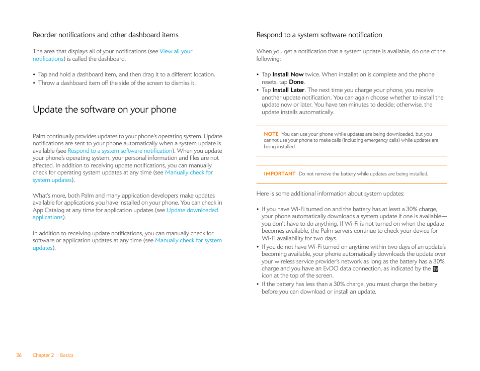 Reorder notifications and other dashboard items, Update the software on your phone, Respond to a system software notification | Palm Pre P100EWW User Manual | Page 36 / 204